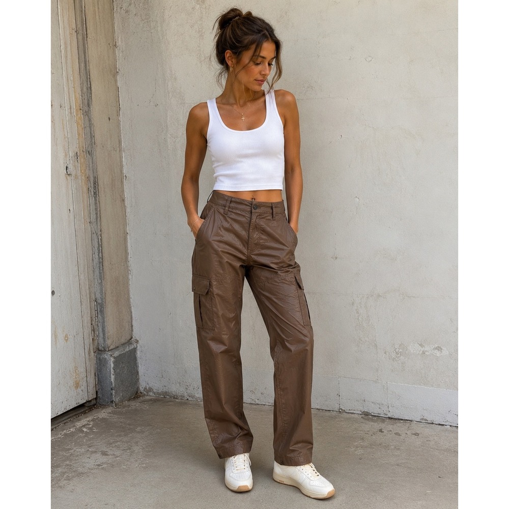 Pretty Little Thing Brown Wide Leg Cargo Pants Utility Pockets Size 6